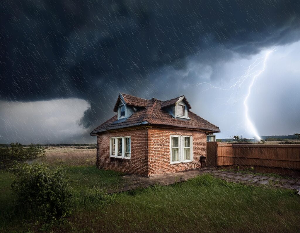 Old small house with brick veneer - Raining and Tornado