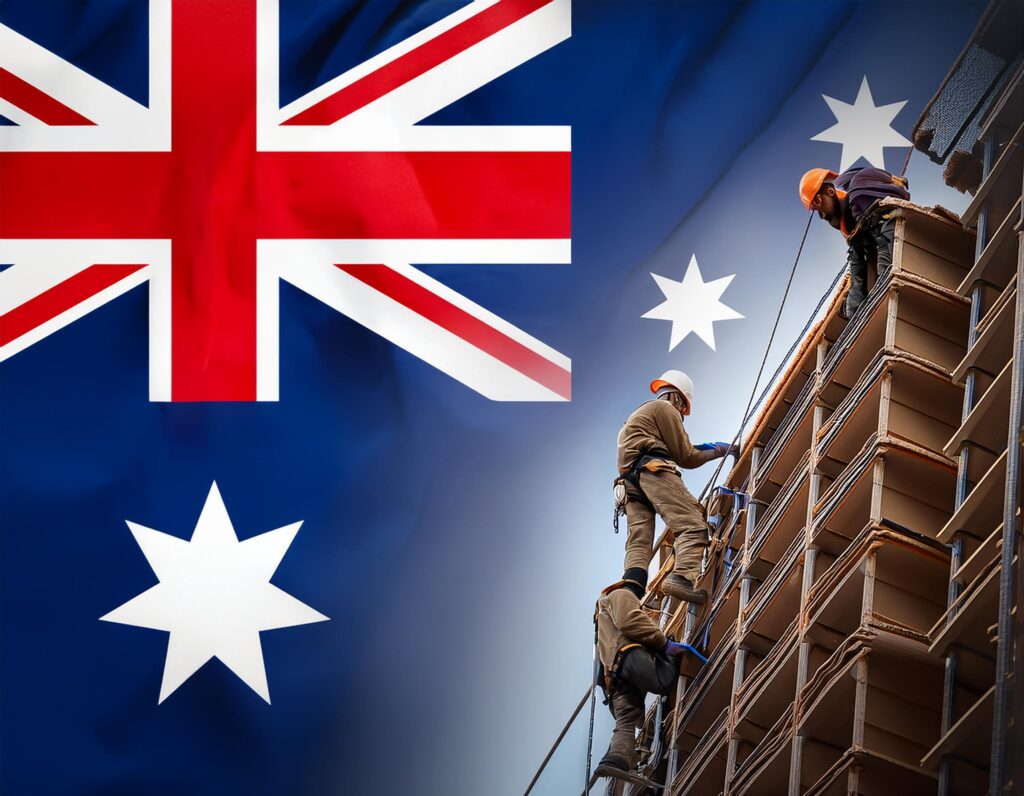 Tradies with PPE working on a building with Australian flag